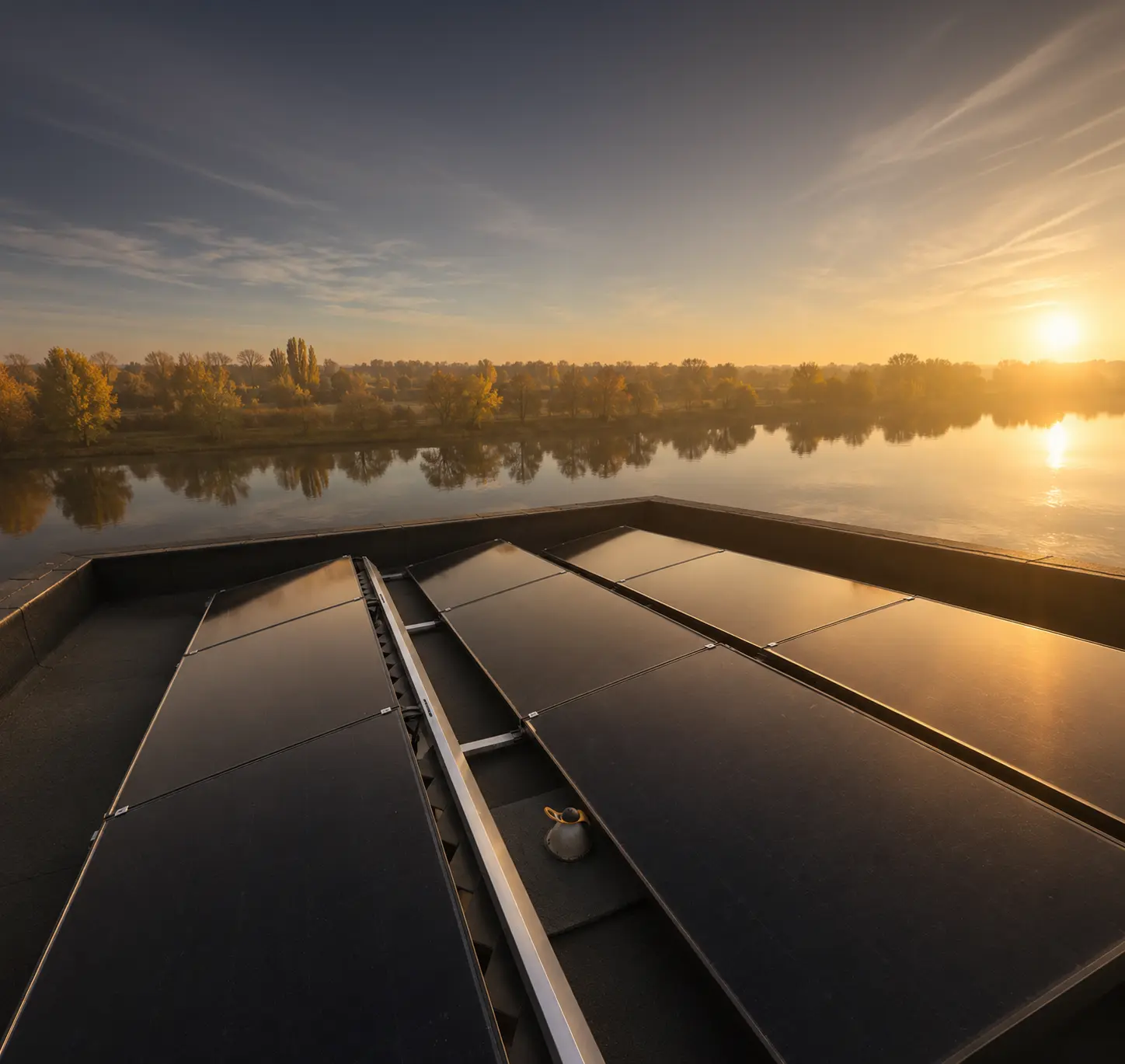 Zonnepanelen op het dak van Vaart met zicht op het water